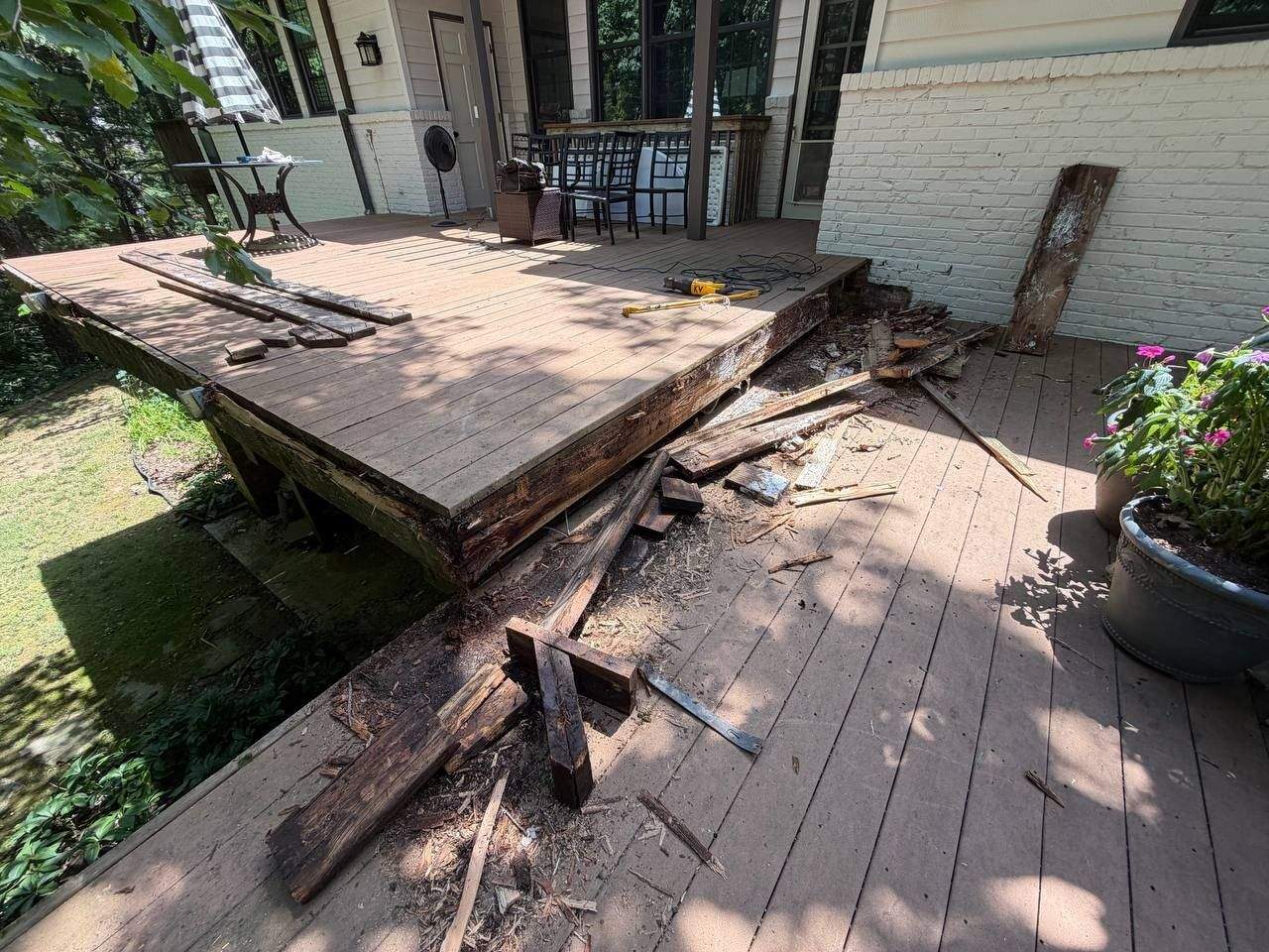 Close-up of rotted stair framing before demolition in Chattanooga, TN
